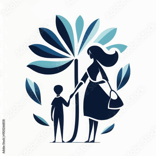 Minimalist Mother and Child Illustration with Stylized Nature Frame - Family Protection and Care Logo Design.