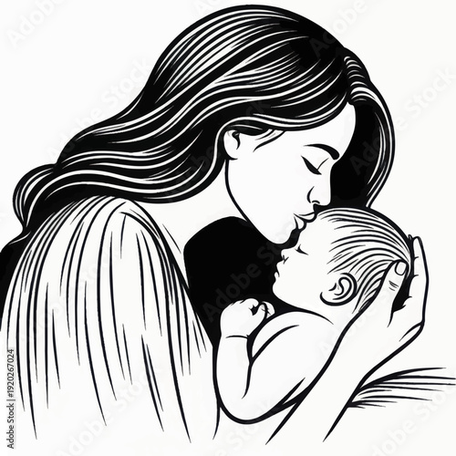 Black and White Line Art Illustration of Mother Kissing Newborn Baby. Tender Love, Bonding, and Maternal Care Sketch.