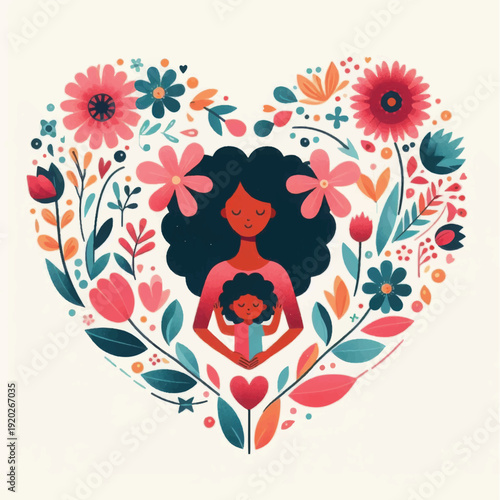 Mother and Child Floral Heart Illustration. Stylized vector graphic celebrating diverse family love, embracing, and nature, perfect for Mother's Day.