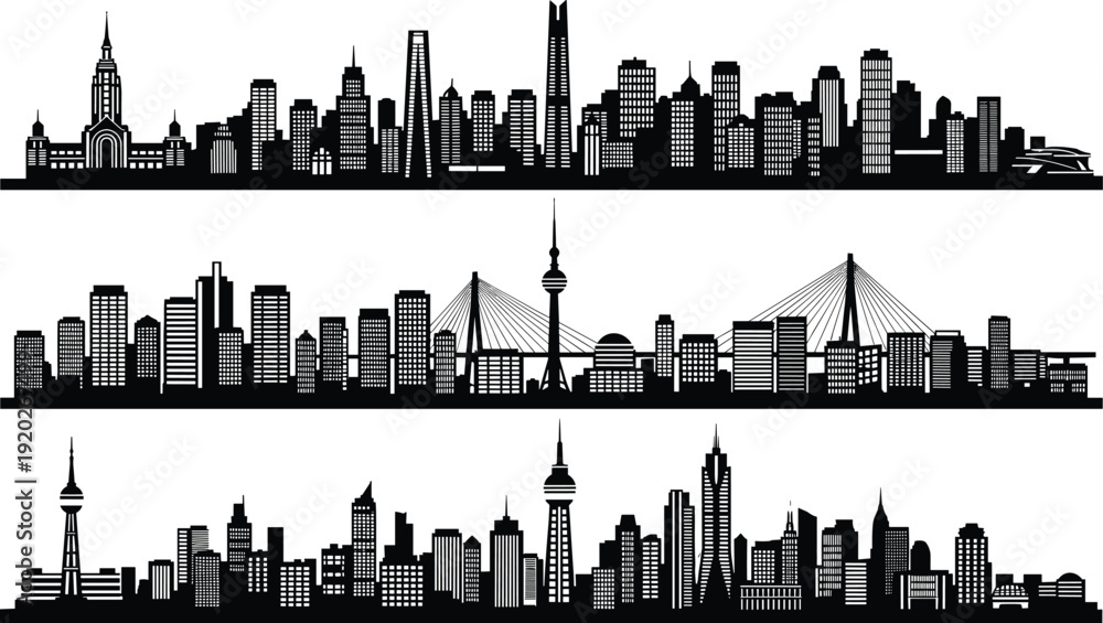 Obraz premium Detailed black vector silhouette collection of various city skylines featuring modern skyscrapers urban buildings and cable bridges isolated on a white background.