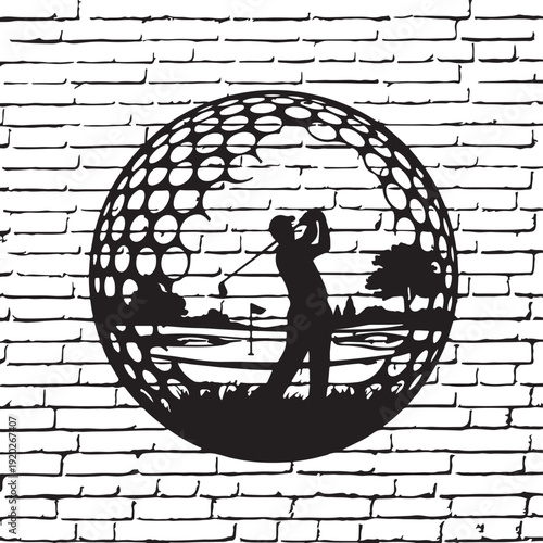 Golf player silhouette on brick wall with golf ball pattern background