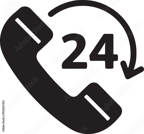 24/7 Customer Support Hotline Icon - Minimalist Black Telephone Receiver and Circular Arrow Symbol for Around-the-Clock Service, Technical Helpdesk, and Emergency Contact Center