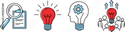 Business research and creative idea generation icons featuring magnifying glass on clipboard red light bulb human head with gears and teamwork success