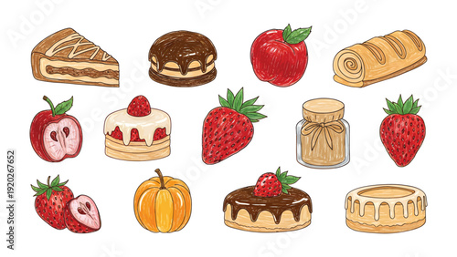 Sweet Temptations: A delicious collection of desserts and fruits tantalize the viewer, showcasing a variety of textures and vibrant colors. 