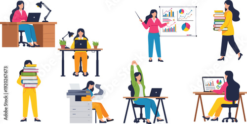 Business women working in modern office environment performing various tasks like presenting data analysis typing on laptops and organizing documents