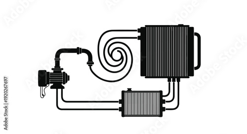EV liquid cooling circuit silhouette with centrifugal pump and heat exchangers