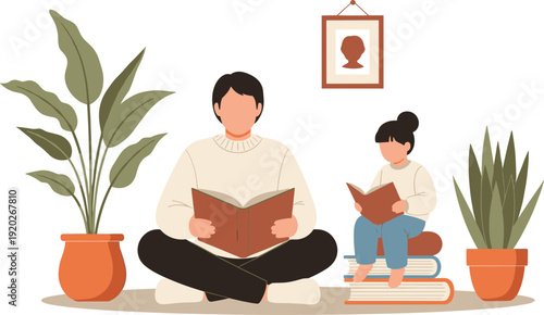 Flat illustration of a father and daughter sitting on the floor and reading books together surrounded by houseplants, family education concept