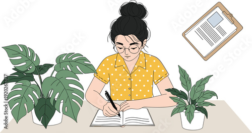 Flat illustration of a young woman with glasses writing in a journal at a desk with houseplants and a floating clipboard