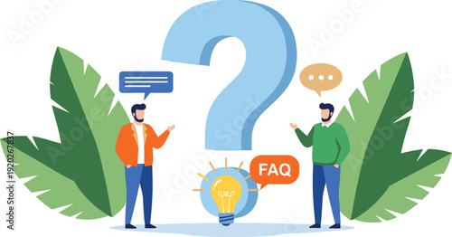 Frequently asked questions concept illustration with two people talking near huge question mark and light bulb for help and support creative solutions