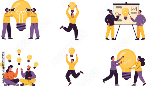 Innovative creative business team brainstorming together with giant lightbulb ideas, collaborative workers presenting vision through telescope and data analysis for success