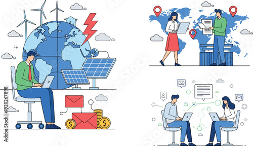 Professional business team working on global sustainability initiatives, clean renewable energy solutions, international communication, and data analysis for a modern green economy