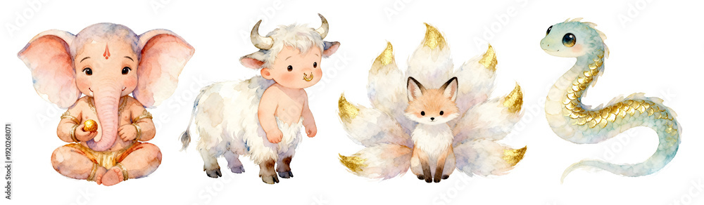 Fototapeta premium Set of cute mythical creatures from world mythology. Watercolor fantasy illustration with Ganesha, Minotaur, Kitsune, snake. Magical characters for children's books, nursery art, and invitations