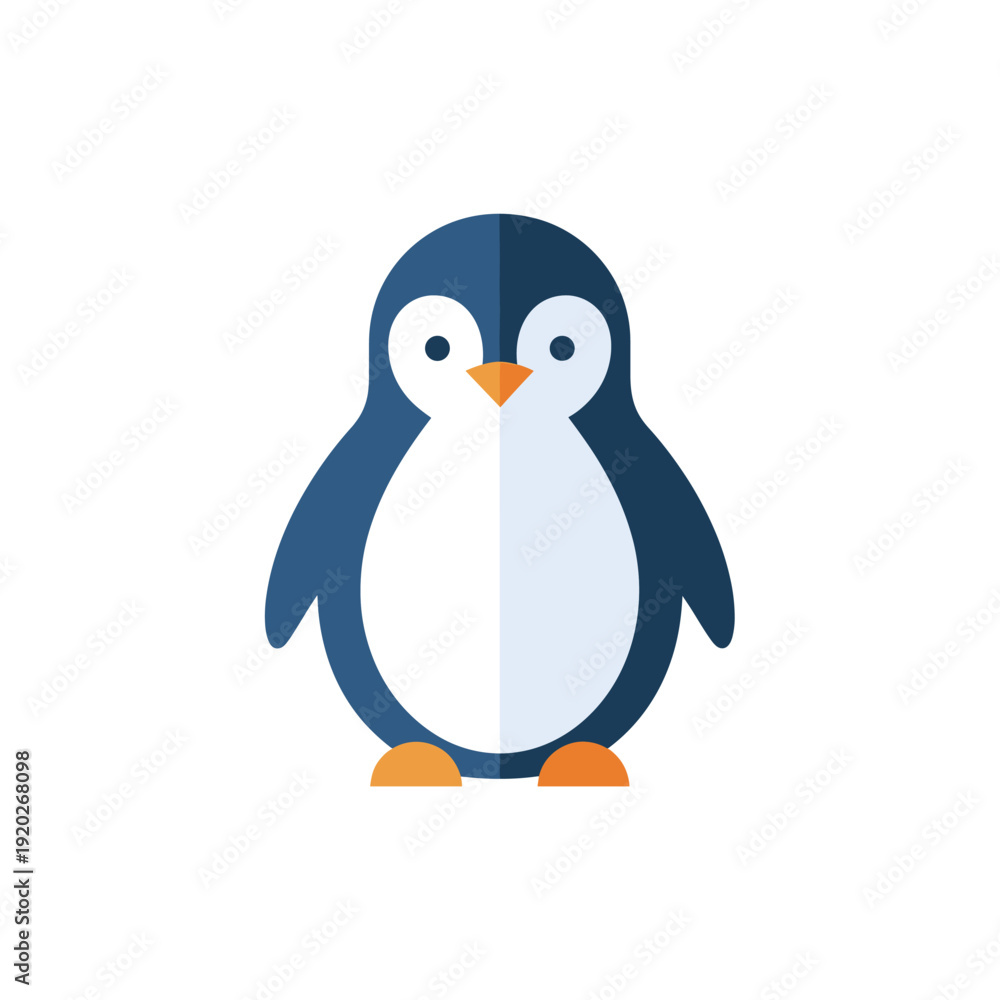 Fototapeta premium Cute flat design illustration of a cartoon penguin standing on a white background, featuring blue, white, and orange colors in a minimalist style.