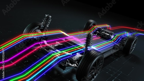 Animated data streams flowing through electric car chassis.