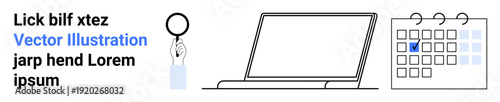 Research, organization, data analysis, scheduling, productivity, time management. Minimalist icons of a magnifying glass, laptop and calendar with a highlighted date. Research and scheduling concept
