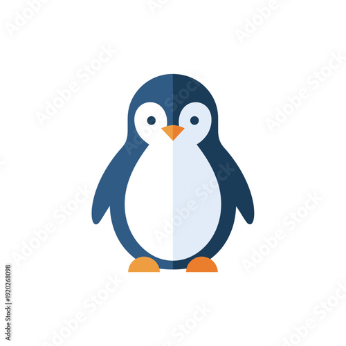 Cute flat design illustration of a cartoon penguin standing on a white background, featuring blue, white, and orange colors in a minimalist style.