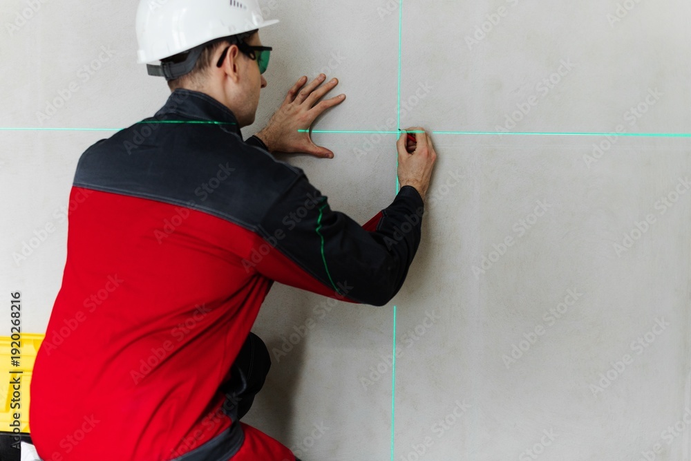 custom made wallpaper toronto digitalTechnician Marking Wall At Intersection Of Green Laser Lines. Layout Work For Tiling Or Fixtures Installation.
