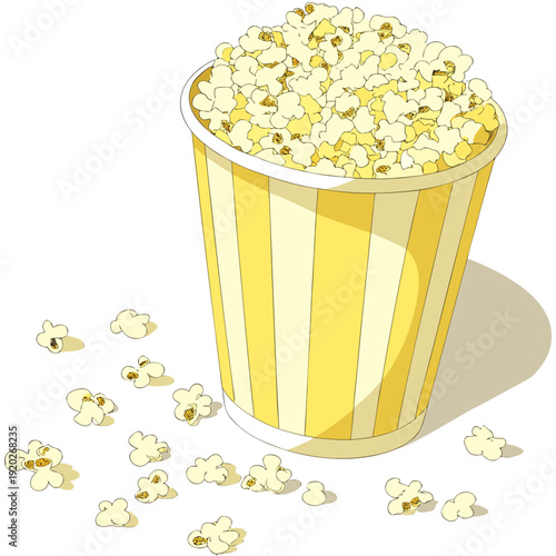 Delicious popcorn in striped bucket with scattered kernels.