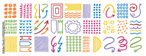 Colorful doodle design elements set, arrows, dots, lines and textures for creative 