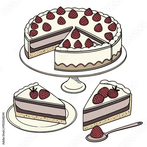 Delicious strawberry cheesecake with a slice removed and two individual servings.