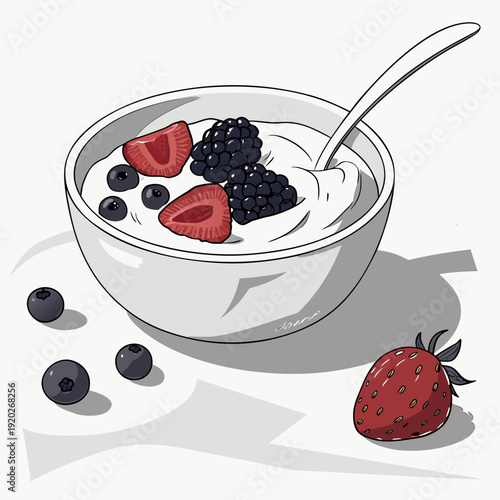 Delicious Yogurt Bowl with Fresh Berries and Spoon.
