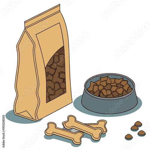 Dog food bag bowl and bone treats for pets.