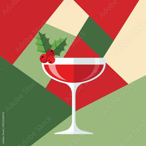 Festive cocktail in a coupe glass, garnished with holly berries, against a geometric background.