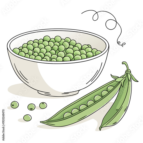 Fresh green peas in a bowl with pods.