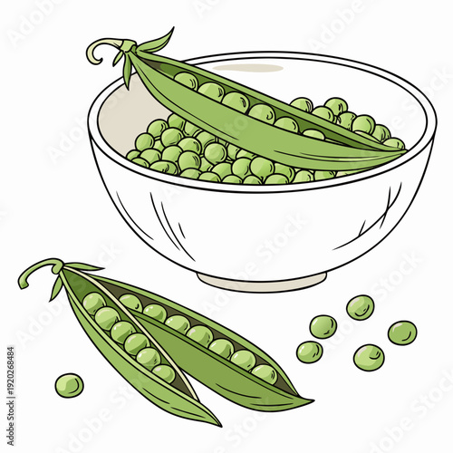 Fresh green peas in a white bowl with open pods scattered around.