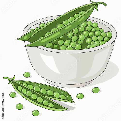 Fresh green peas in a white bowl with open pods scattered around 1.