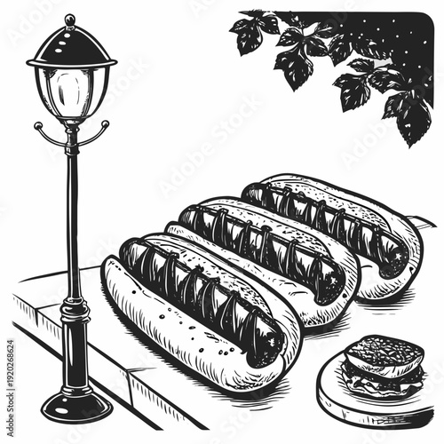 Grilled Hot Dogs and Sandwich on a Bench with a Lamppost.