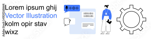 Digital transformation, technology, communication, coding, workflow optimization, media interfaces. Features speech waveforms, binary code chat bubbles worker and gear icon. Digital transformation