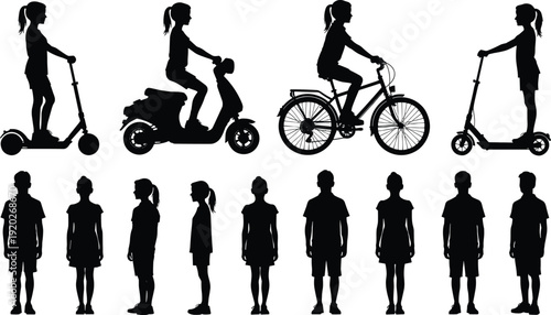 Black silhouette collection of kids riding scooter, electric moped and bicycle with standing children poses isolated on white background vector illustration set