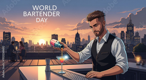 Bartender prepares colorful cocktail on rooftop bar at sunset with city skyline