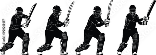Black vector silhouettes of a professional cricket batter in various batting stances and action poses, wearing protective gear and helmet isolated on white.