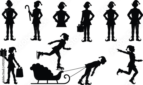Christmas elf silhouette collection with Santa helper characters carrying gifts, pulling sleigh and ice skating isolated on white background vector illustration set