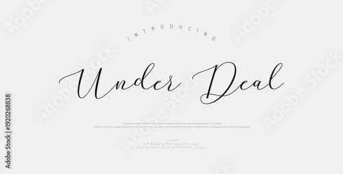 Under Deal, Script luxury wedding alphabet letters font with tails. Typography elegant classic serif fonts and number decorative vintage retro concept for logo branding. vector illustration
