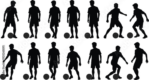 Collection of soccer player silhouettes in different action poses dribbling and kicking ball isolated on white background for sports competition and football training.