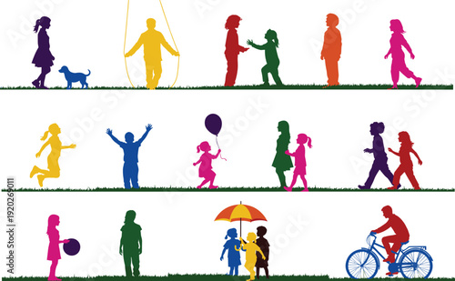 Colorful children silhouettes collection playing with dog jumping rope walking with balloon riding bicycle and holding umbrella on green grass background for summer outdoor activities.