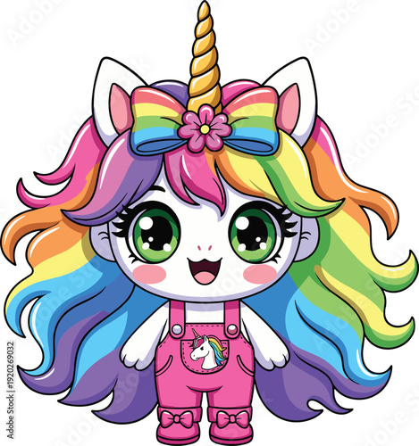 Cute cartoon baby unicorn girl character with colorful rainbow hair wearing pink overalls and bow isolated on white background for kids nursery design.