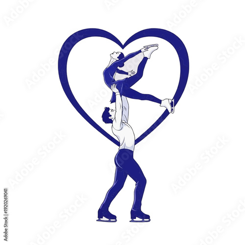 Professional figure skating duo performing a classic overhead lift inside a navy blue heart frame on white, concept of synchronized partnership