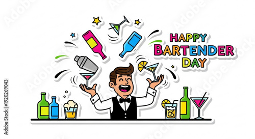 Bartender celebrating happy bartender day with cocktail shaker and bottles on bar counter