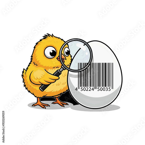 Yellow chick using a magnifying glass to inspect a barcode on a large white egg, concept of retail auditing and supply chain quality control