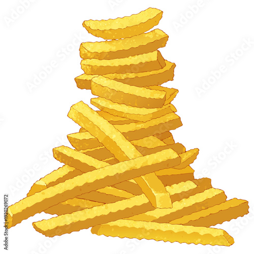 Pile of golden crispy french fries on a white background.