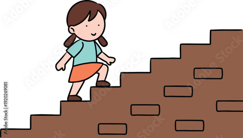Cute cartoon little girl with pigtails walking up brown stone stairs wearing blue shirt and orange skirt for success growth and education concept.
