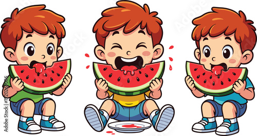 Cute cartoon little boy character in different poses eating fresh watermelon slices sitting on floor happy childhood summer fruit snack flat vector illustration.