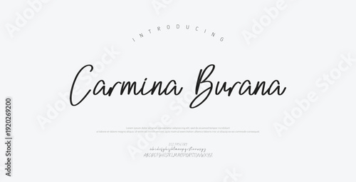 Carmina Burana, Script Font Uppercase Lowercase and Number. Classic Lettering Minimal Fashion Designs. Typography modern Serif fonts regular decorative vintage concept.
