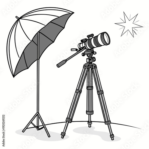 Professional photography equipment setup with umbrella and telescope.