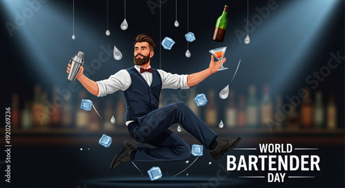 Bartender juggling bottles and glasses on world bartender day in a vibrant nightlife setting with spotlights