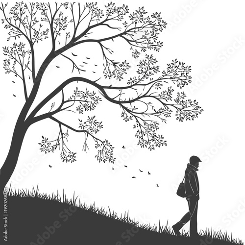 Silhouette of a person walking on a hill under a tree with falling leaves.